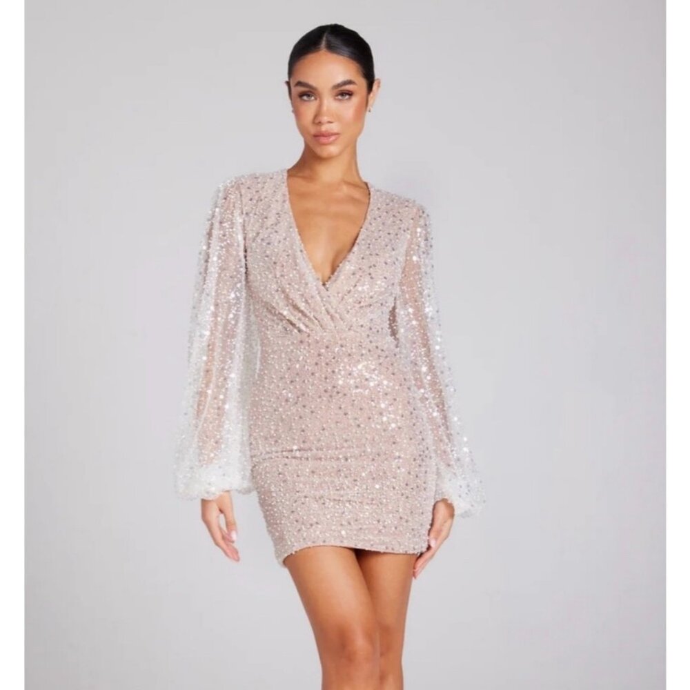 NWT Nadine Merabi Maya Beaded Long Sleeve Mini Dress XL/12